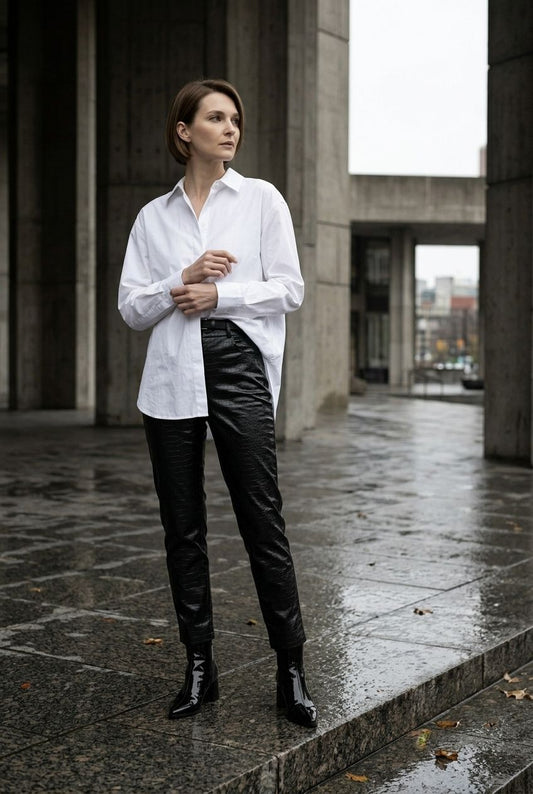 Davina Faux Leather Croc Trousers - Black
