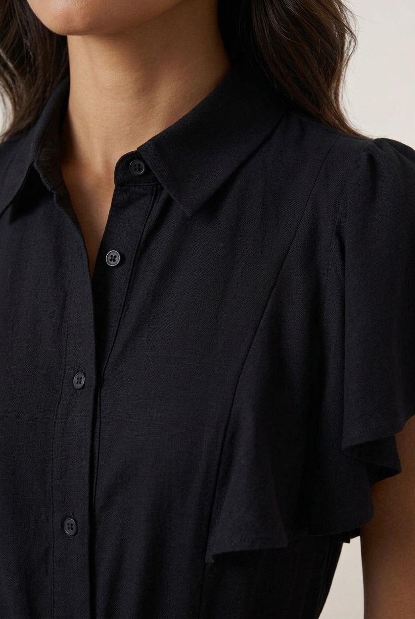 Ruffle Short Sleeve Shirt Dress - Black