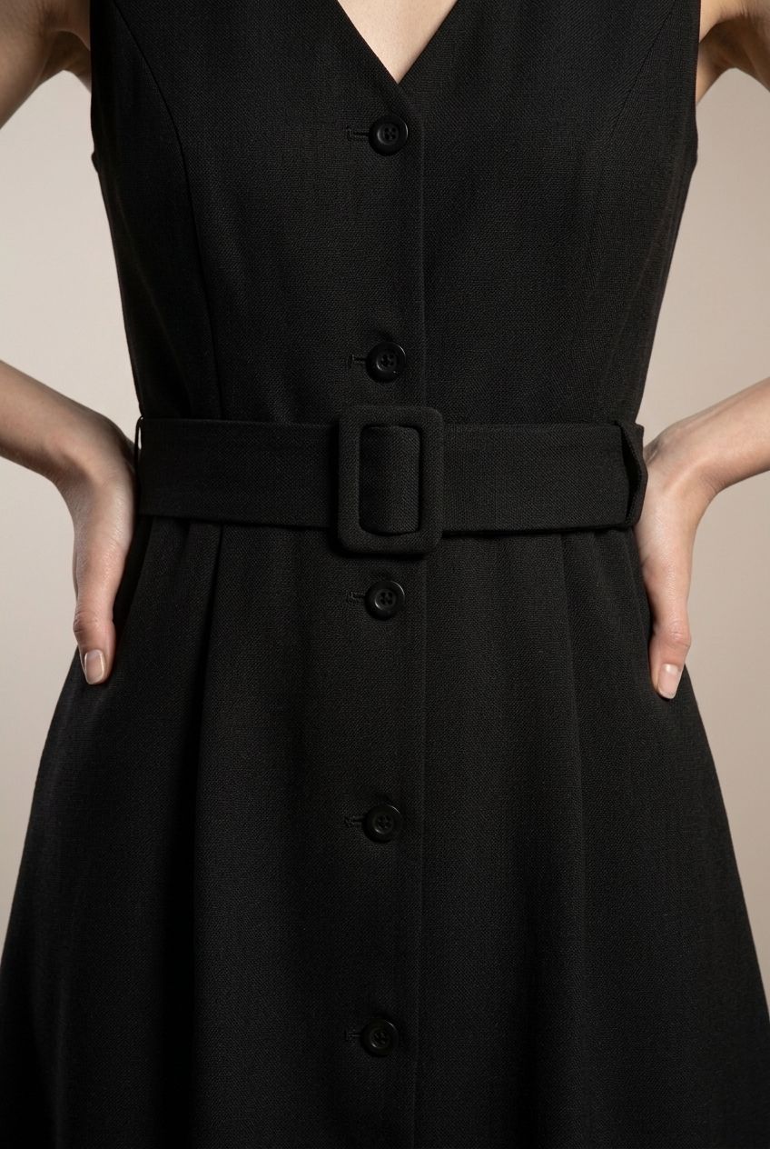 Buttoned Midi Dress with Belt - Black
