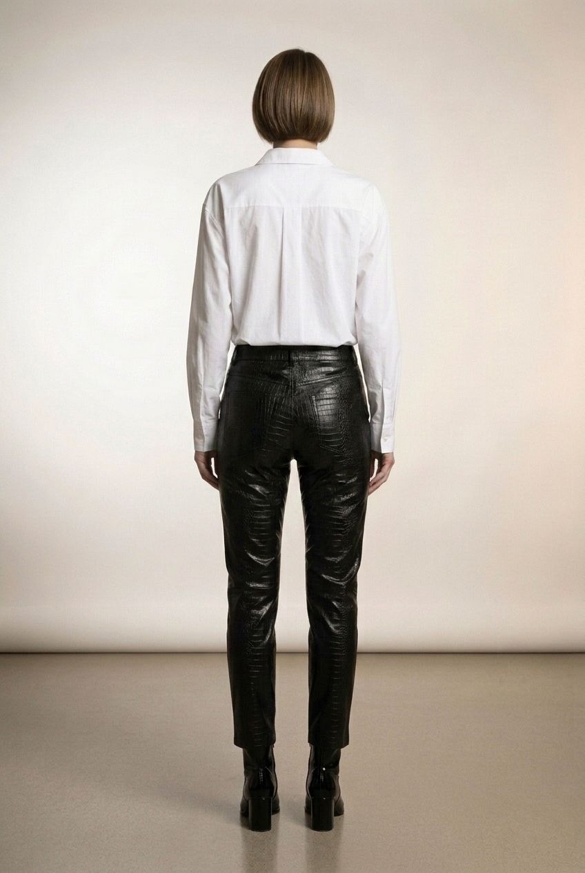 Davina Faux Leather Croc Trousers - Black