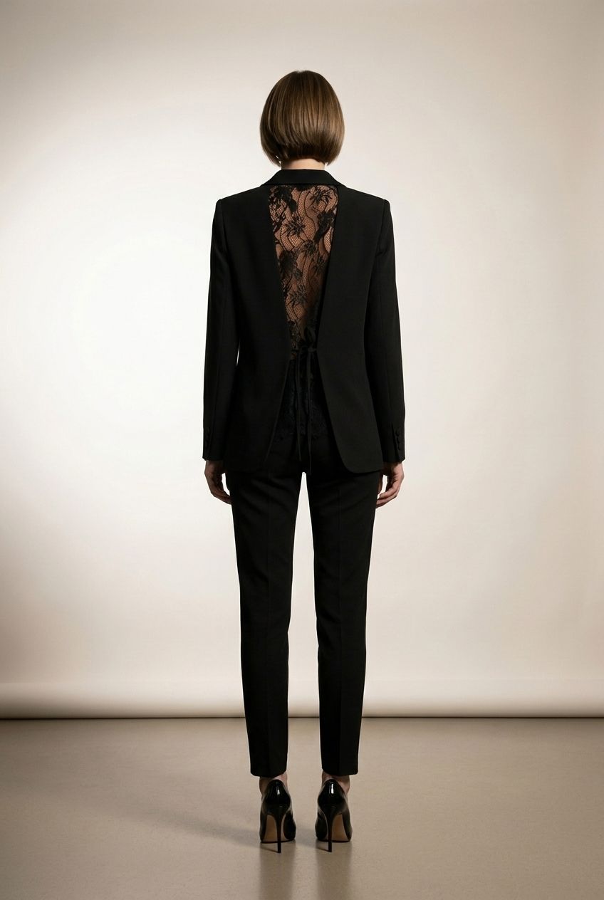 Lizzie Single Button Blazer with Lace - Black