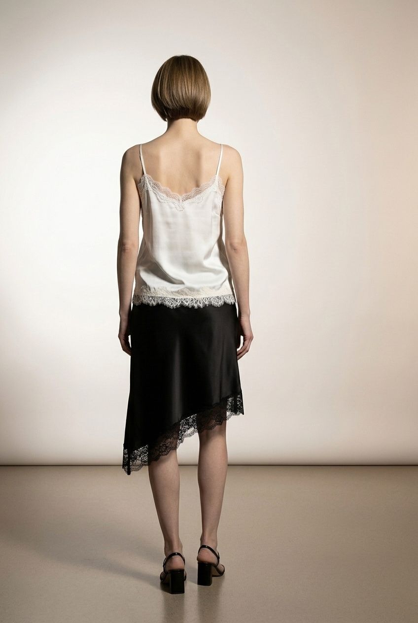 Aisling asymmetric Satin Skirt with Lace - Black