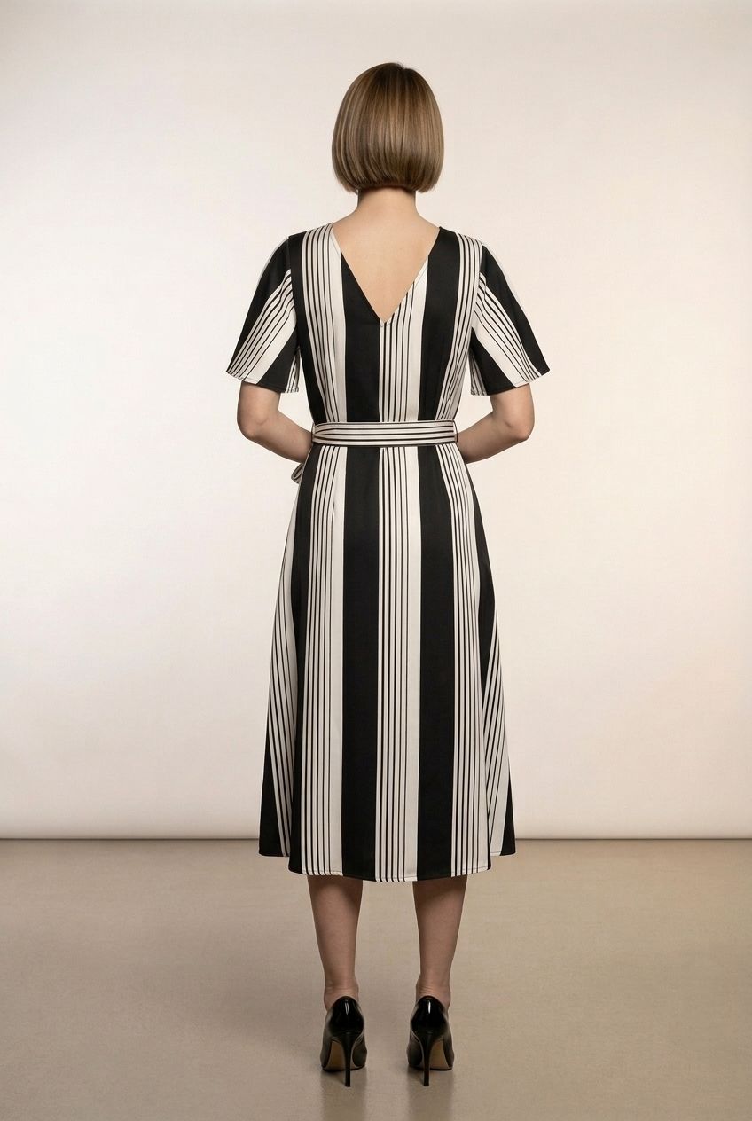 Vivian Striped Midi Dress - Black and White