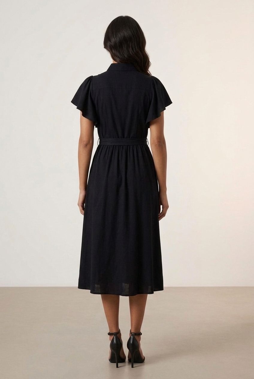 Ruffle Short Sleeve Shirt Dress - Black