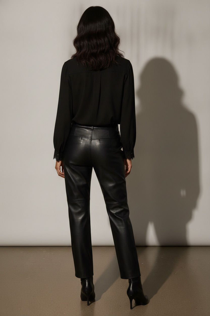 Sarah Button Down Blouse with Broderie Detail - Black