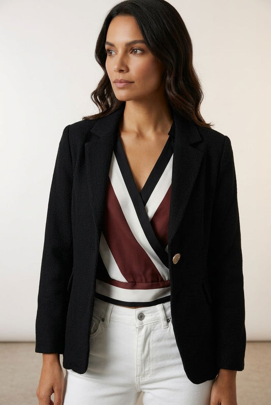 Sonya Single Breasted Blazer with Gold Button - Black