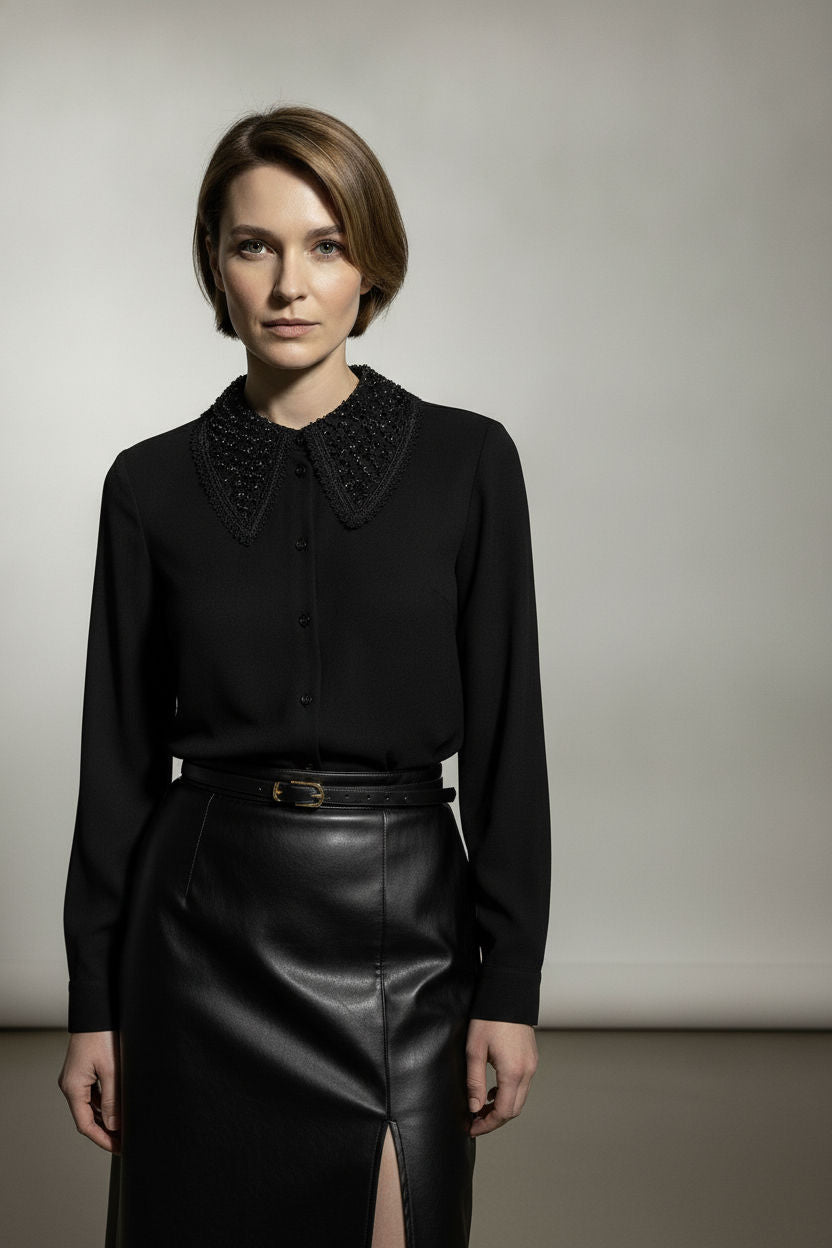 Bella Satin Shirt With Stones Collar - Black