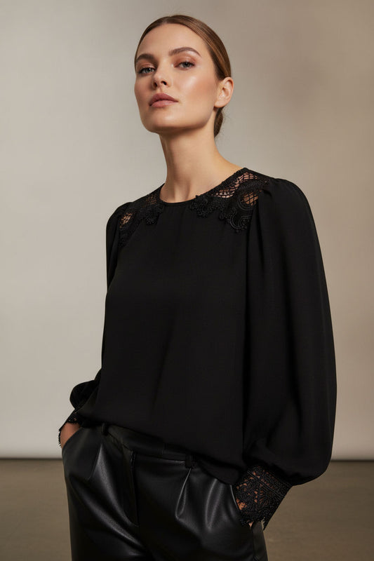 Leona Blouse with Embroidered Details - Black