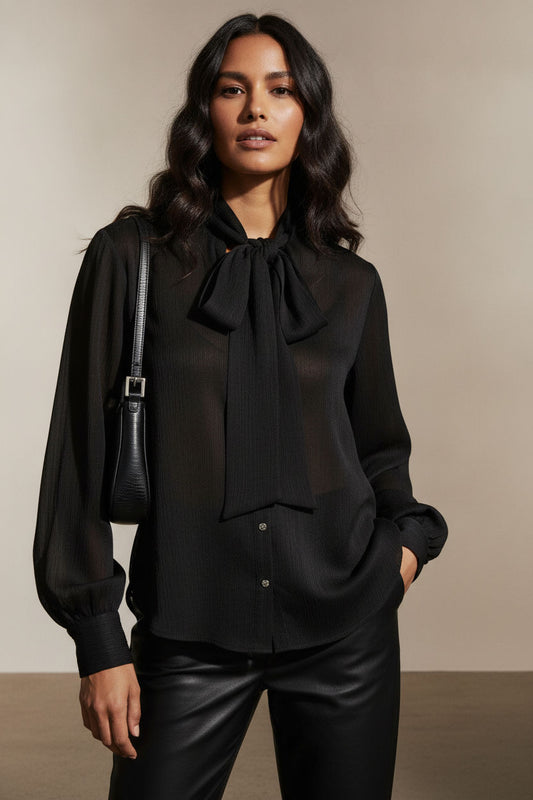 Sophia Satin Bowknot Shirt - Black