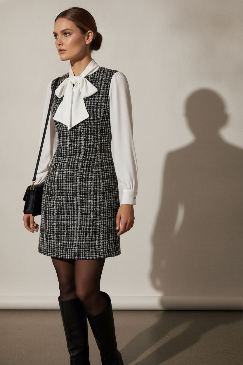 Emily Bowknot Check Mini Dress - White
