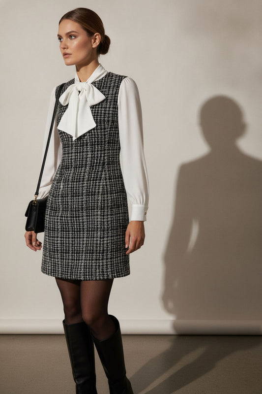 Emily Bowknot Check Mini Dress - White