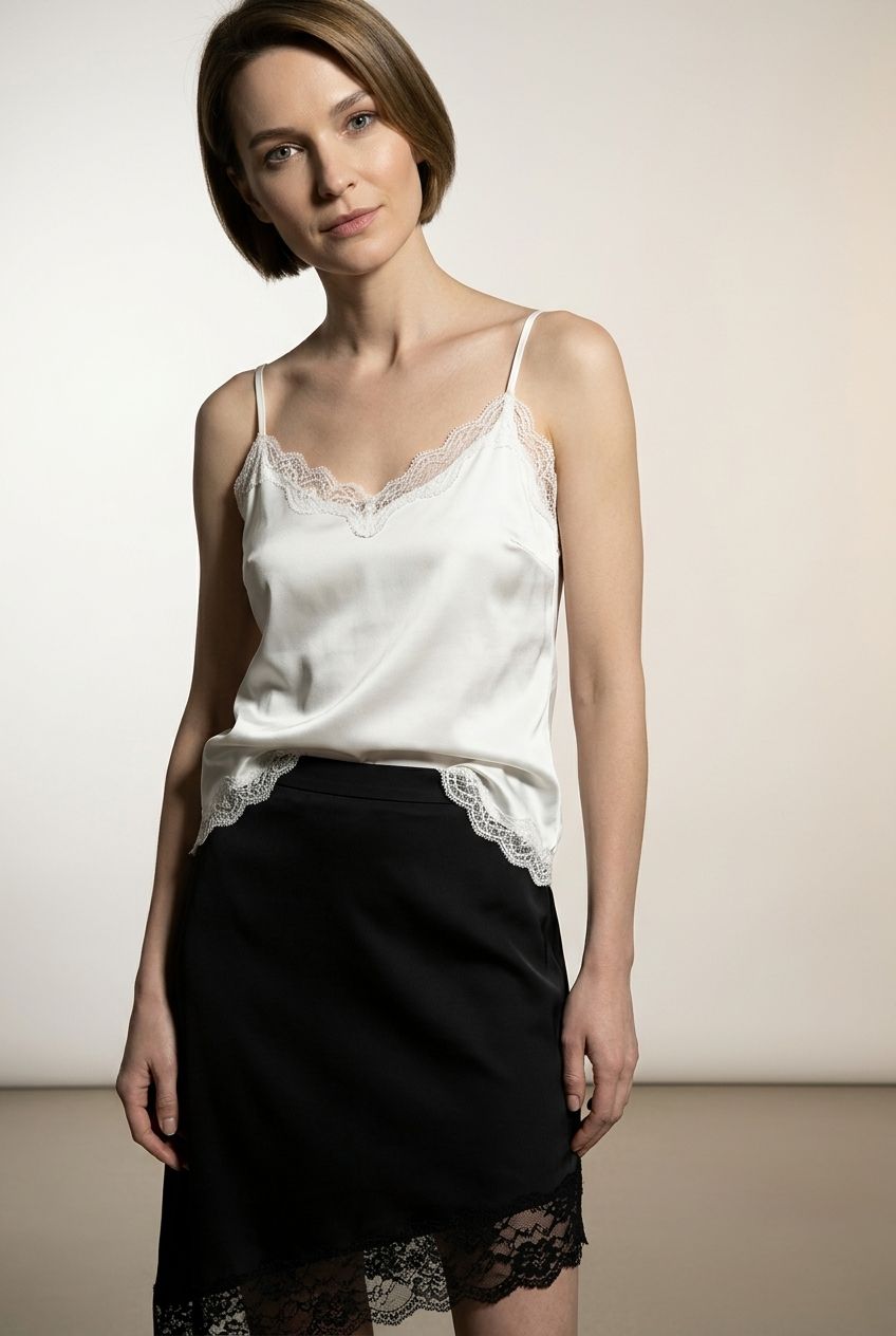 Aisling asymmetric Satin Skirt with Lace - Black