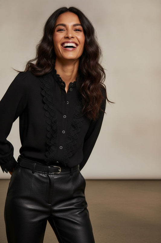 Sarah Button Down Blouse with Broderie Detail - Black