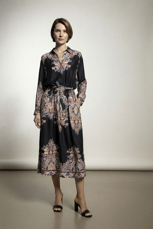 Silvia Satin Shirt Dress - Black
