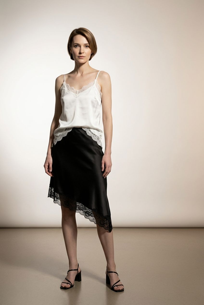 Aisling asymmetric Satin Skirt with Lace - Black