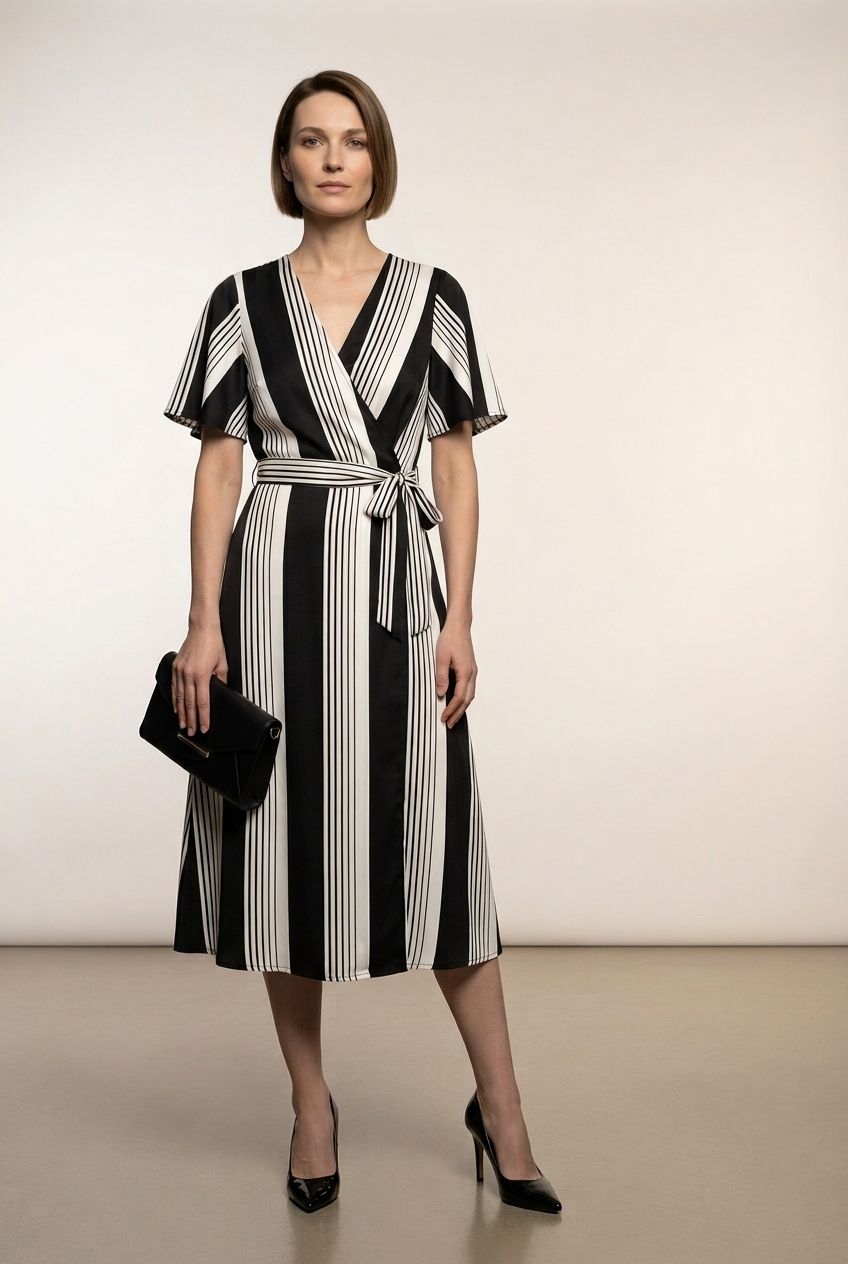 Vivian Striped Midi Dress - Black and White