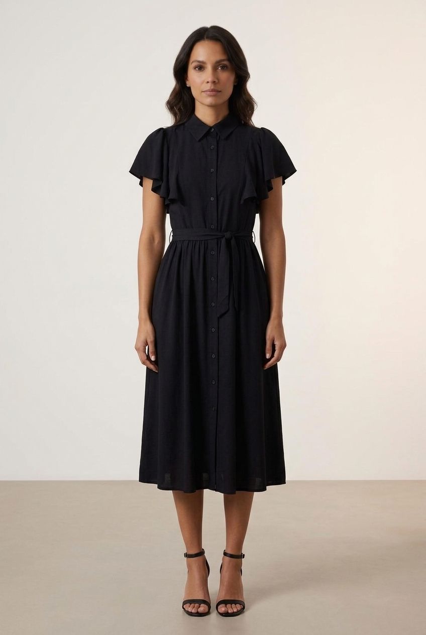 Ruffle Short Sleeve Shirt Dress - Black