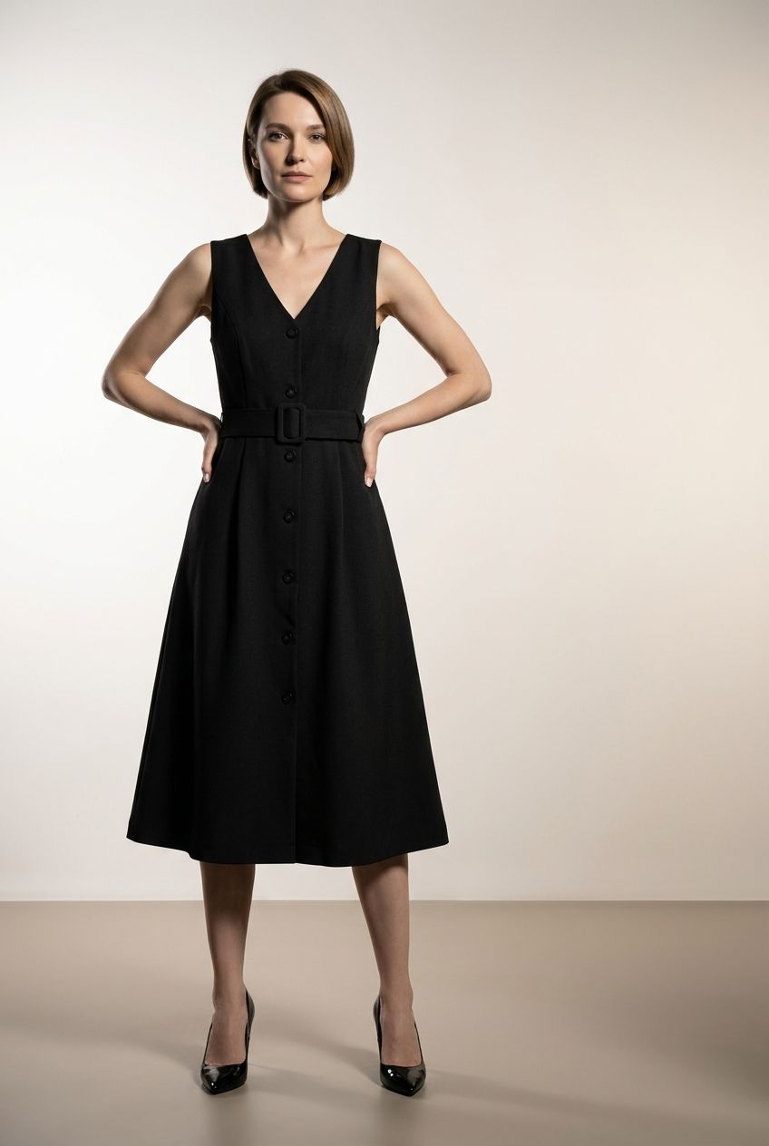 Buttoned Midi Dress with Belt - Black