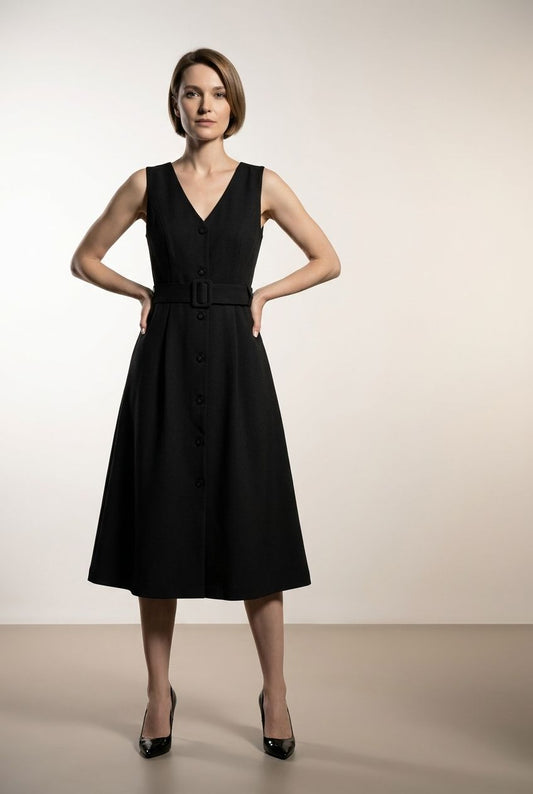 Buttoned Midi Dress with Belt - Black