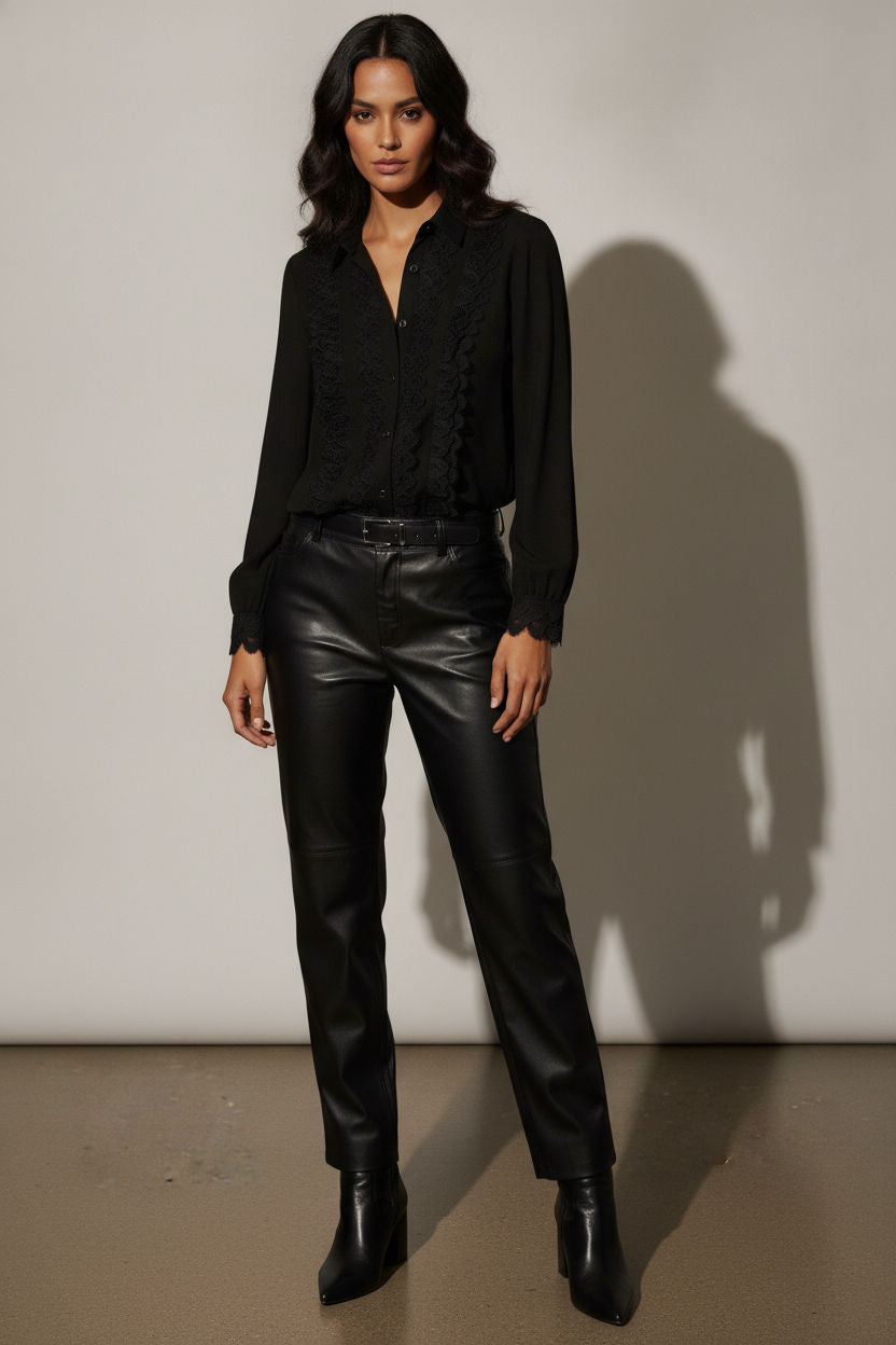 Sarah Button Down Blouse with Broderie Detail - Black