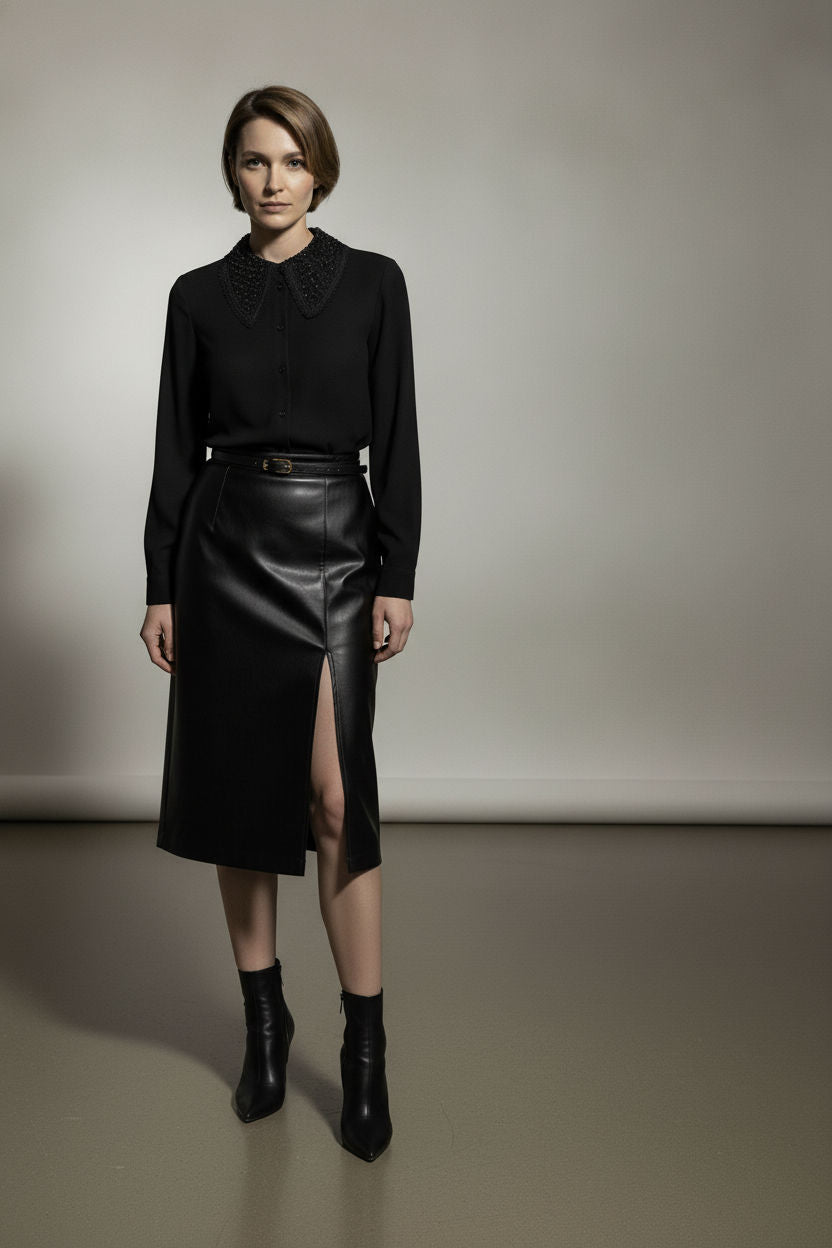 Bella Satin Shirt With Stones Collar - Black