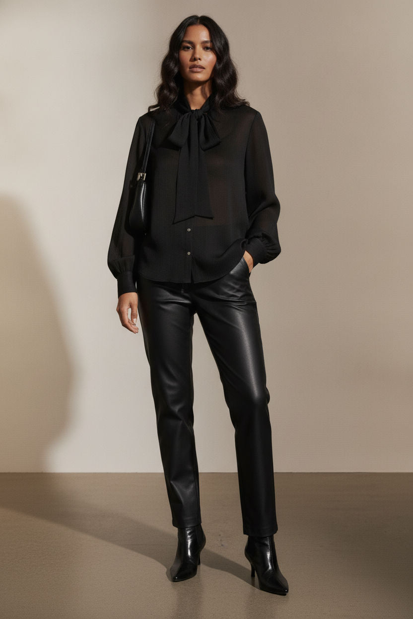 Sophia Satin Bowknot Shirt - Black
