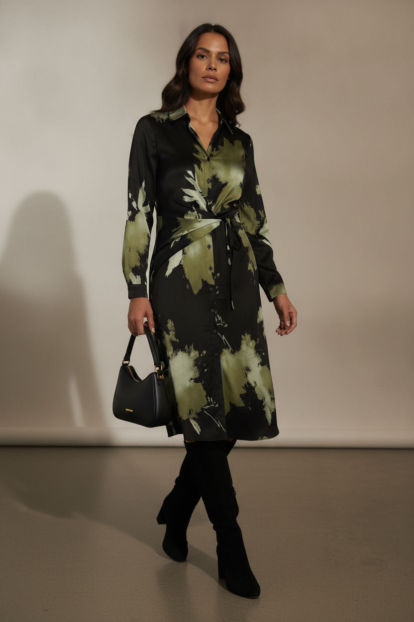Olivia Satin Shirt Dress with Front Knot