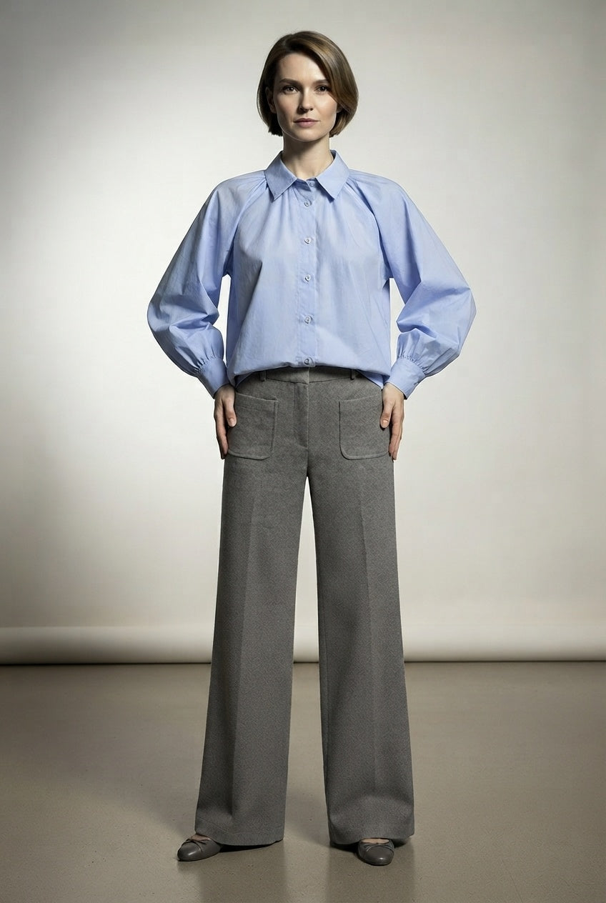 Teresa Wide Leg Trousers with Front Pockets - Grey