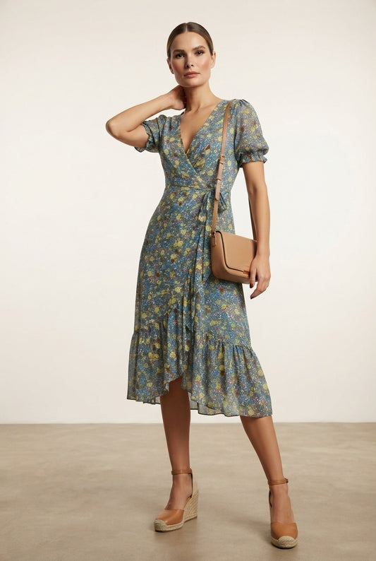 Rachel Floral Print Wrap Dress - Green