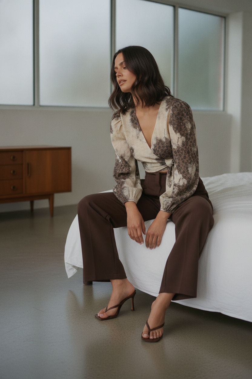 Sofia Printed wrap Blouse - Beige and Brown