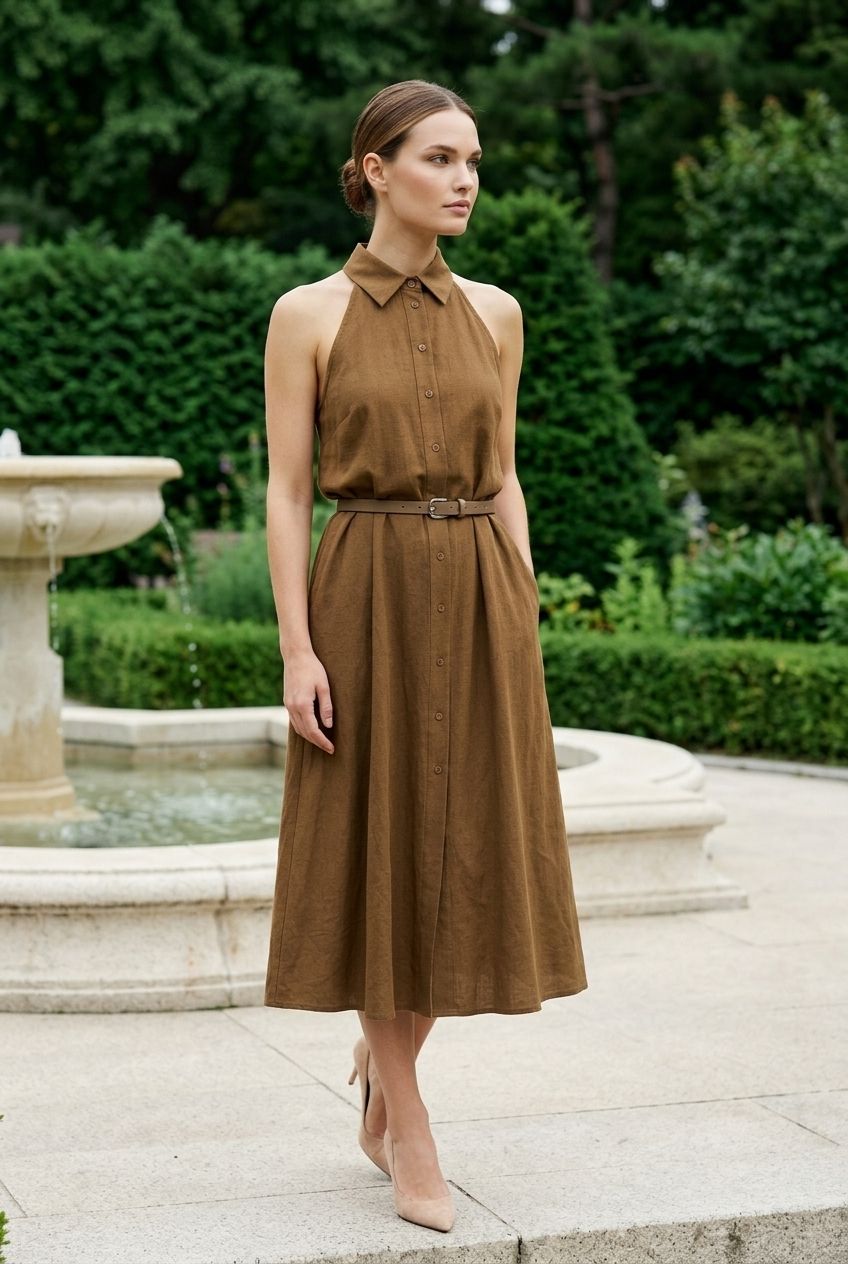 Breda Button Down Belted Dress - Brown