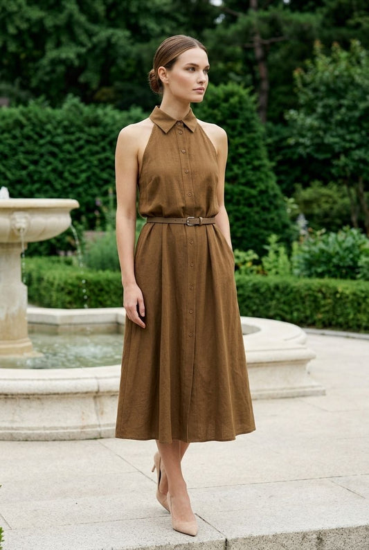 Breda Button Down Belted Dress - Brown