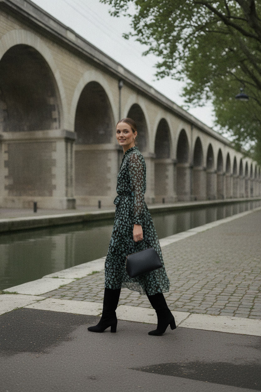 Amelia Printed High Neck Dress - Brown and Teal
