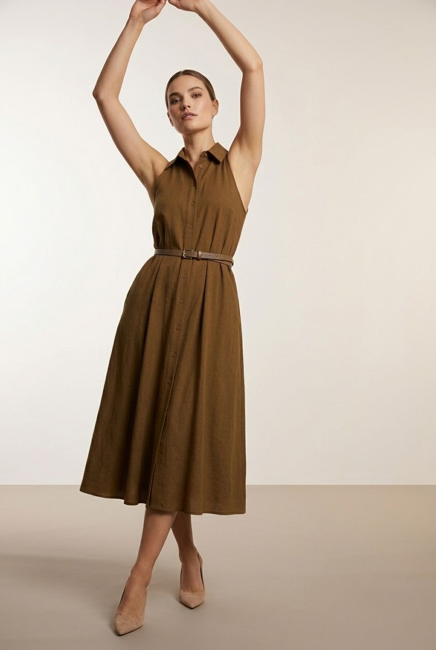 Breda Button Down Belted Dress - Brown