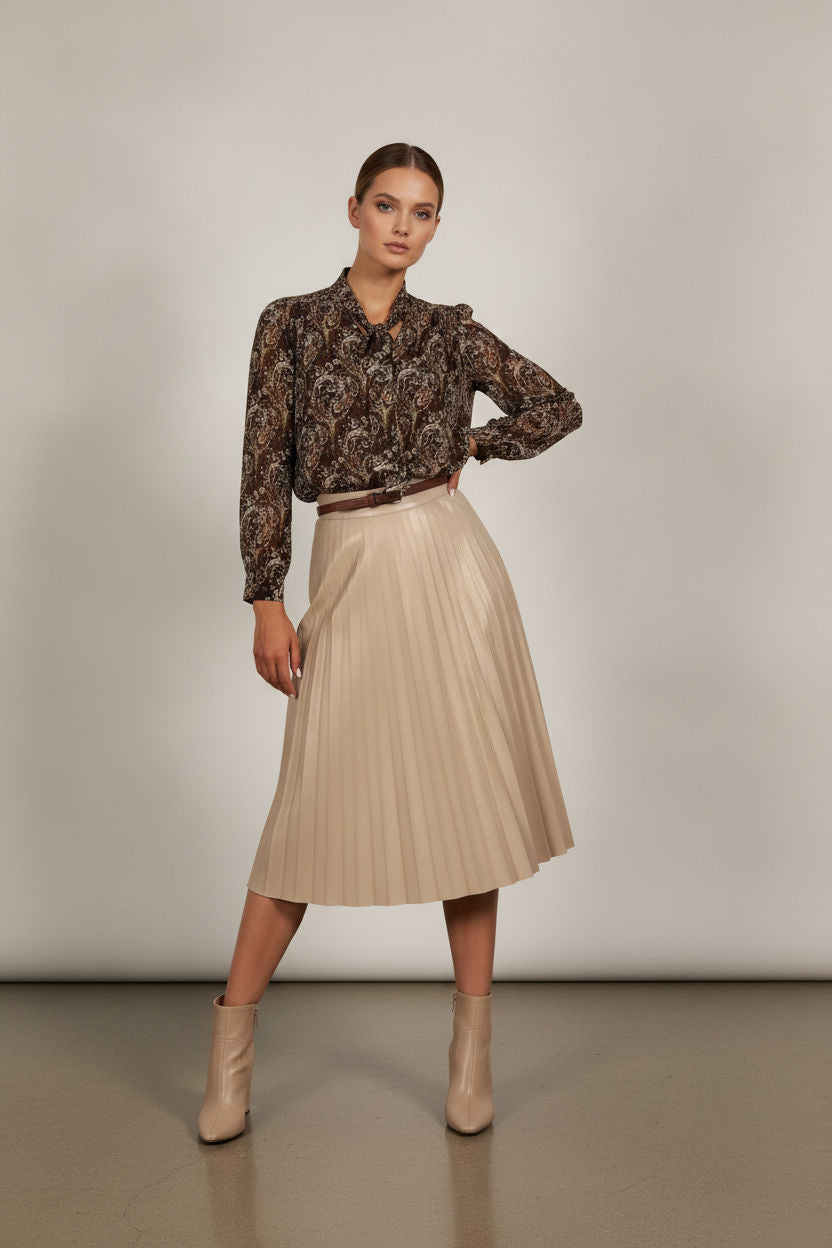 Suzanne Printed Bowknot Shirt - Brown