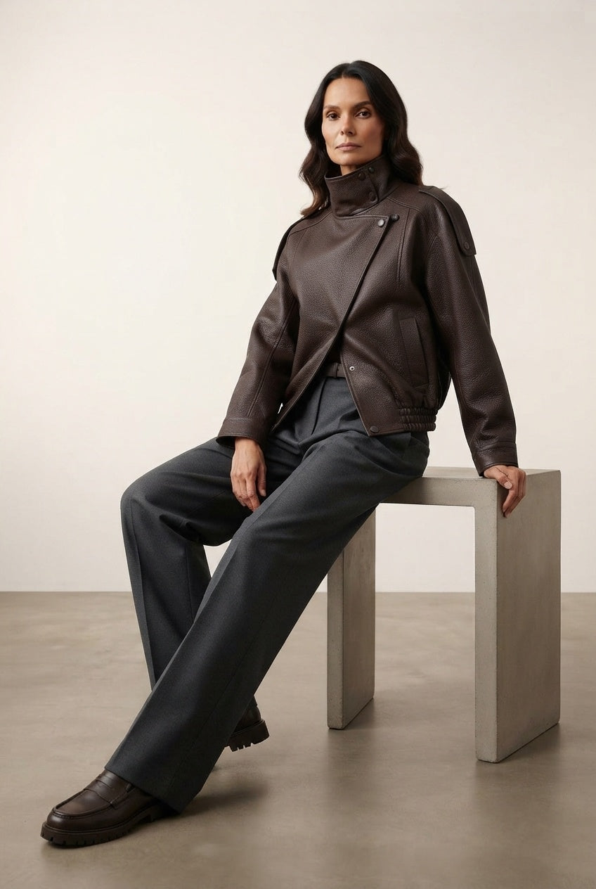 Rhonda Oversized Faux Leather Jacket - Brown