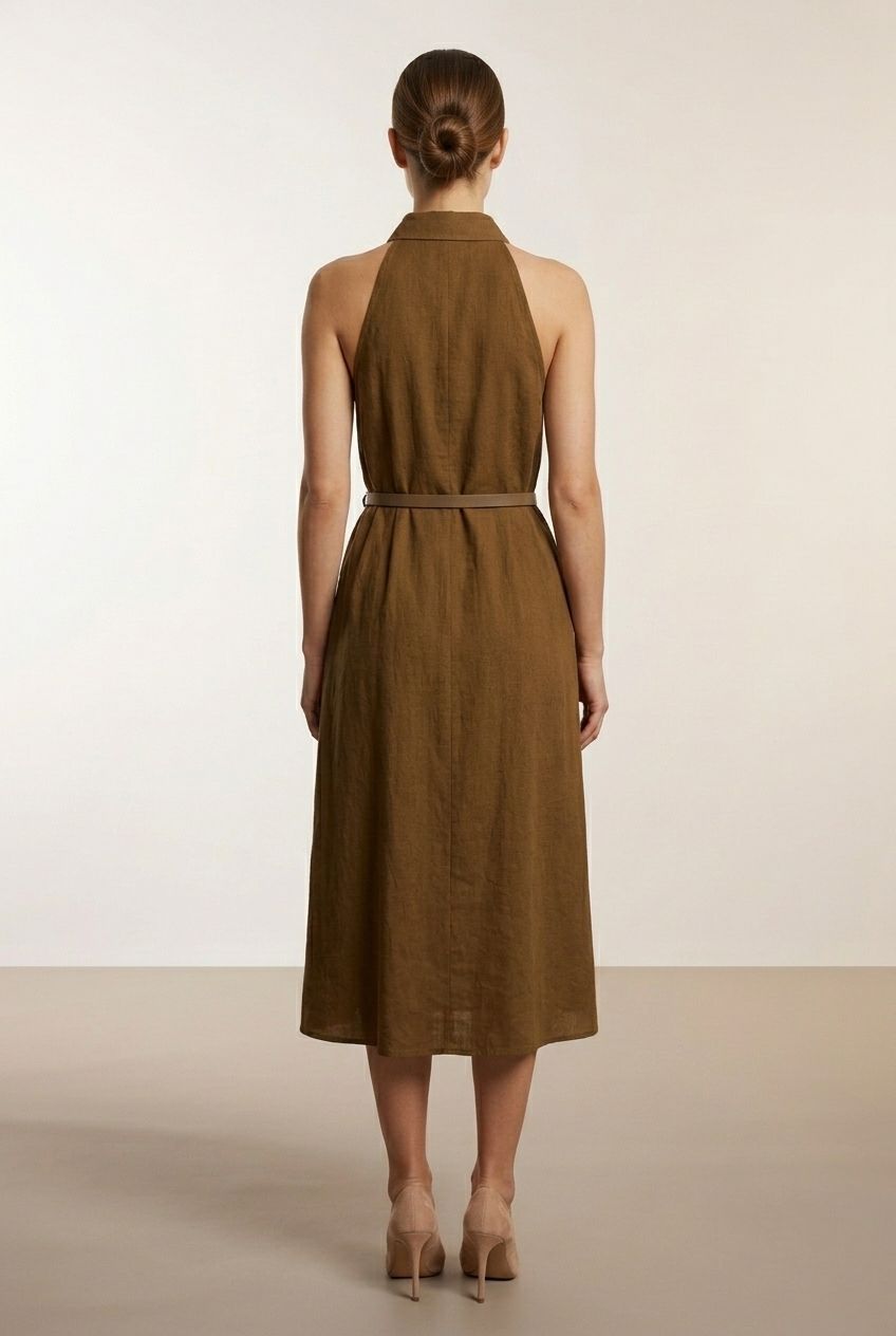Breda Button Down Belted Dress - Brown