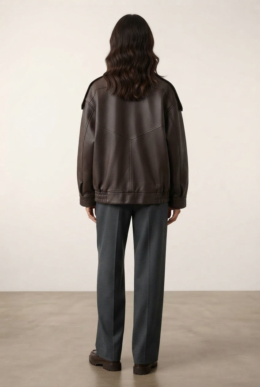 Rhonda Oversized Faux Leather Jacket - Brown