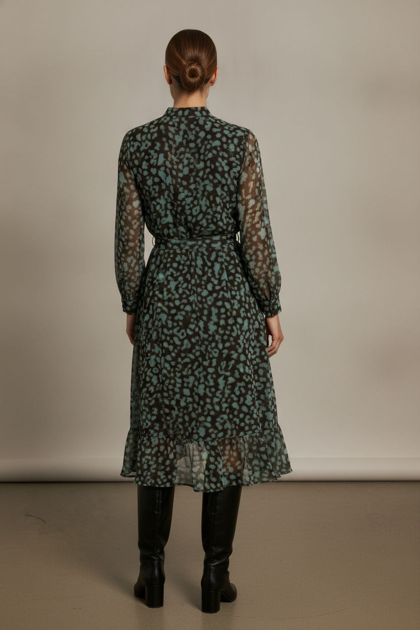 Amelia Printed High Neck Dress - Brown and Teal