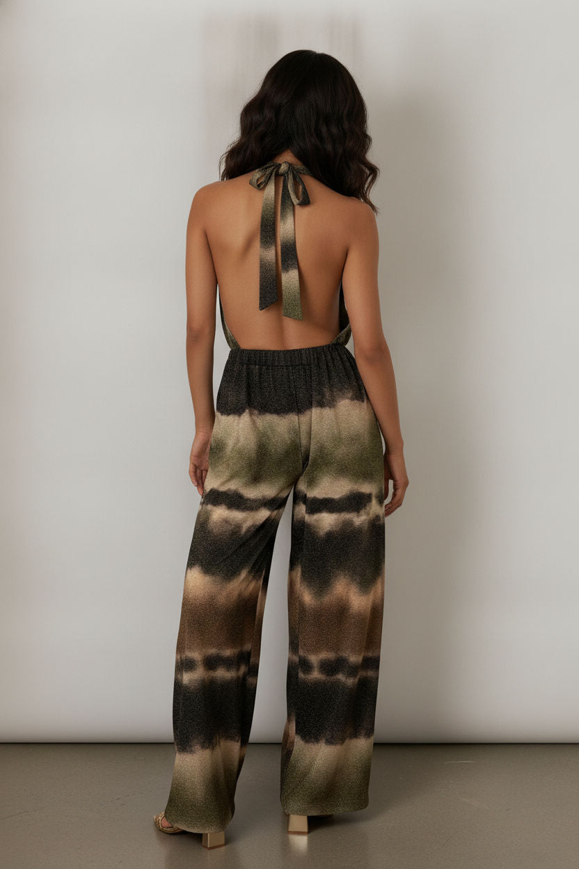 Bella Halter Neck Shimmer Jumpsuit with Open Back - Multicolour