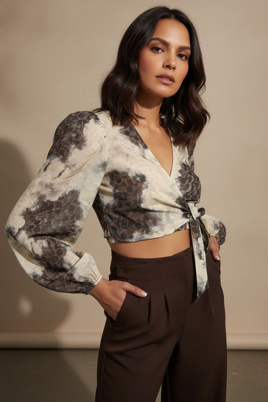 Sofia Printed wrap Blouse - Beige and Brown