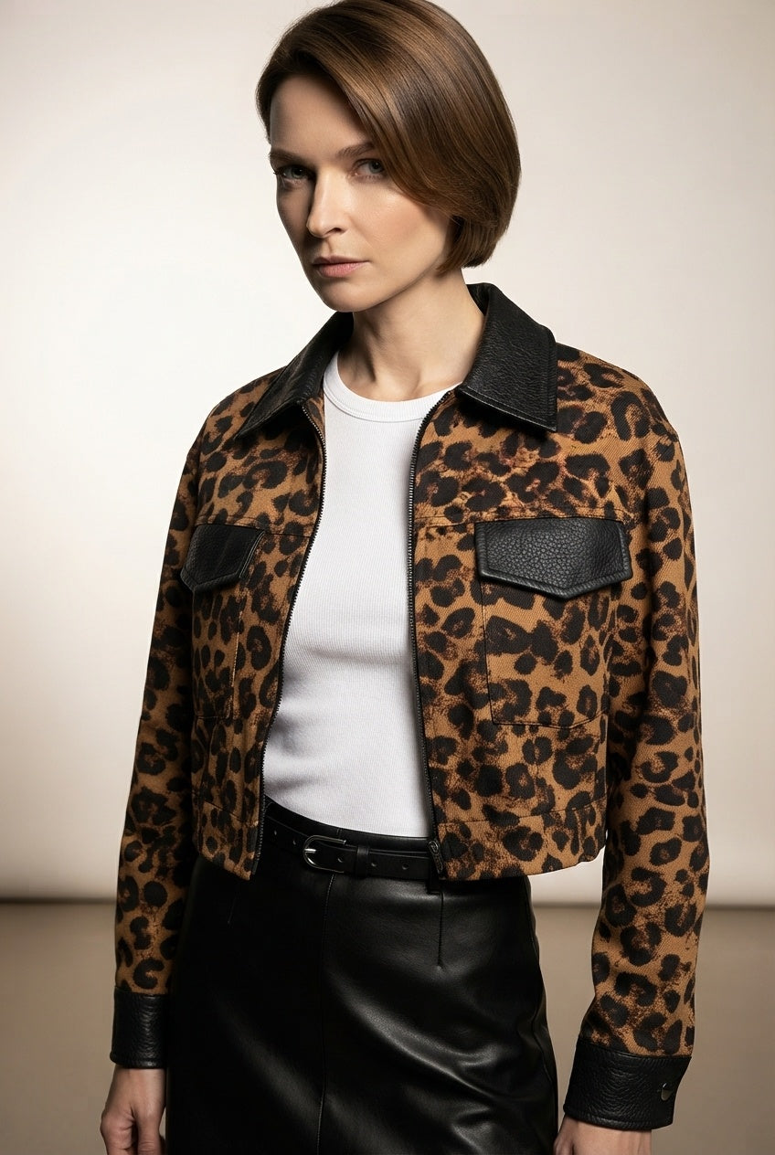Bridget Bomber Jacket with Animal Print and Faux Leather Details