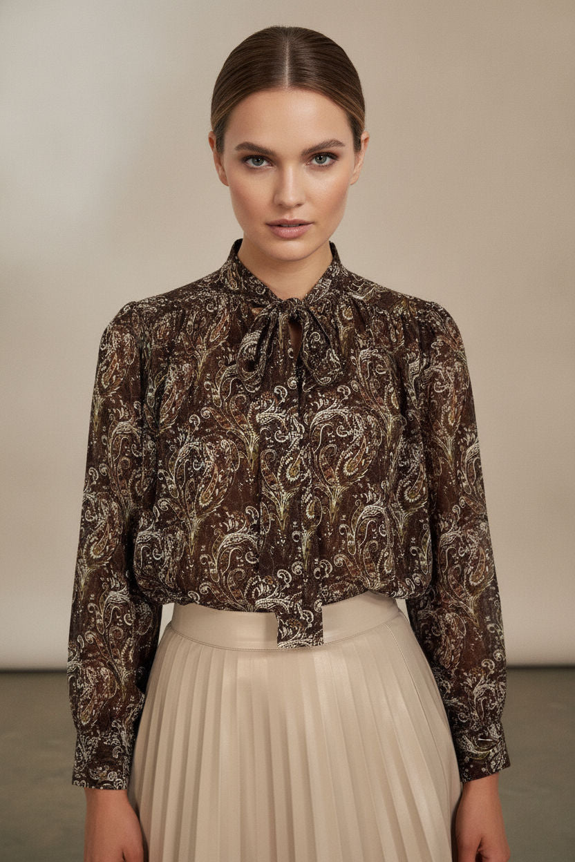 Suzanne Printed Bowknot Shirt - Brown