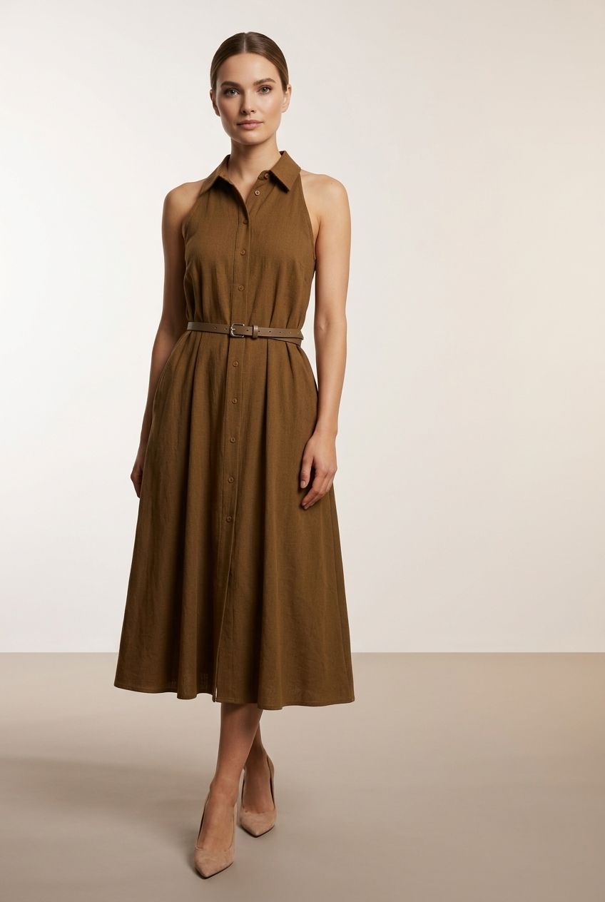 Breda Button Down Belted Dress - Brown
