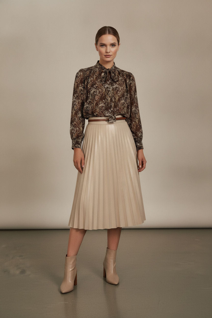 Suzanne Printed Bowknot Shirt - Brown
