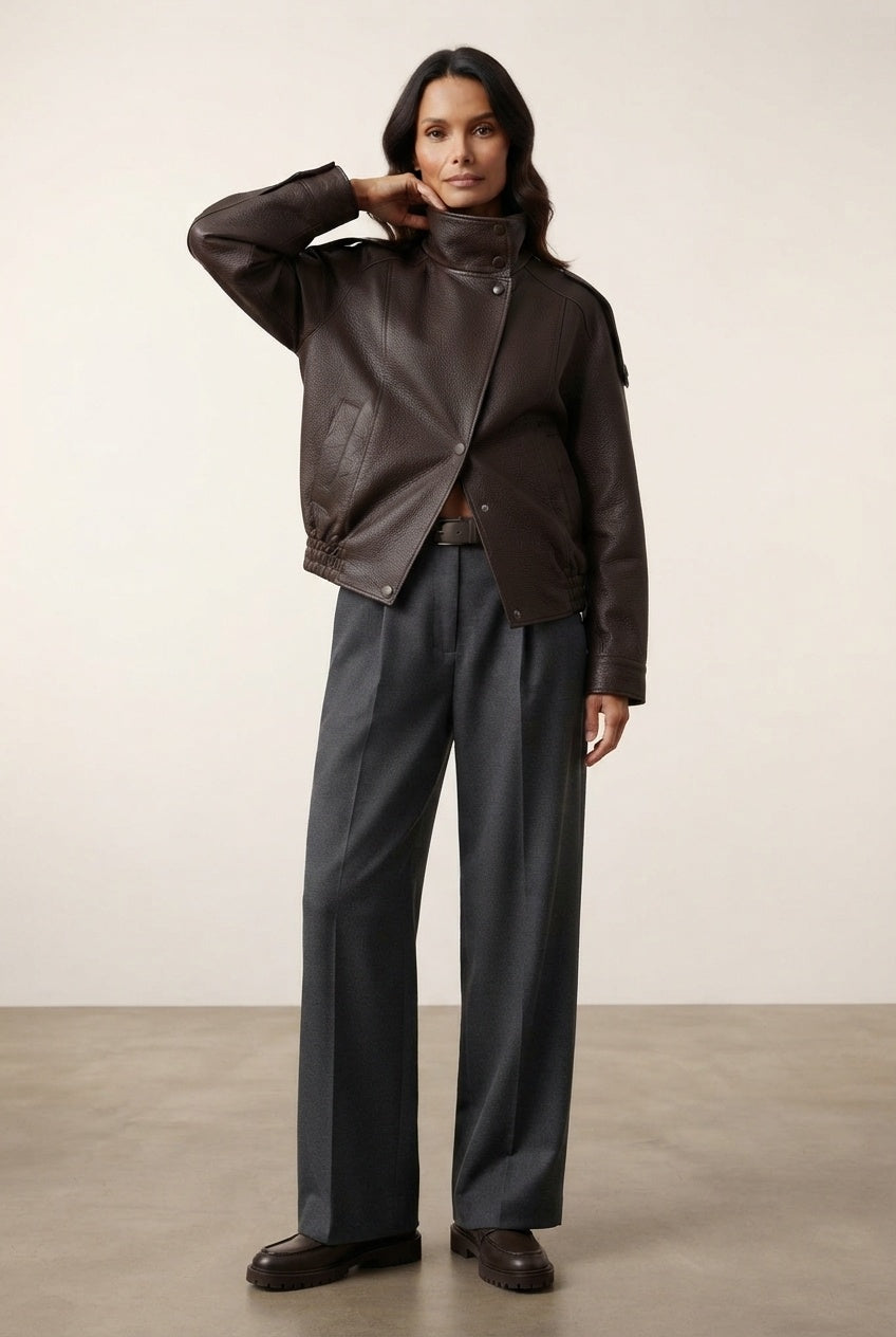 Rhonda Oversized Faux Leather Jacket - Brown