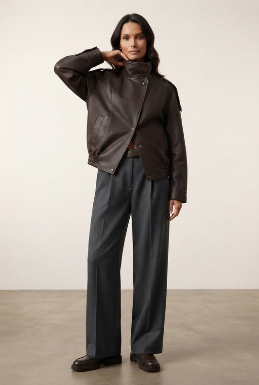 Rhonda Oversized Faux Leather Jacket - Brown