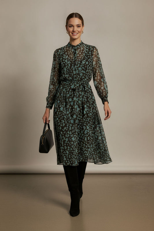 Amelia Printed High Neck Dress - Brown and Teal