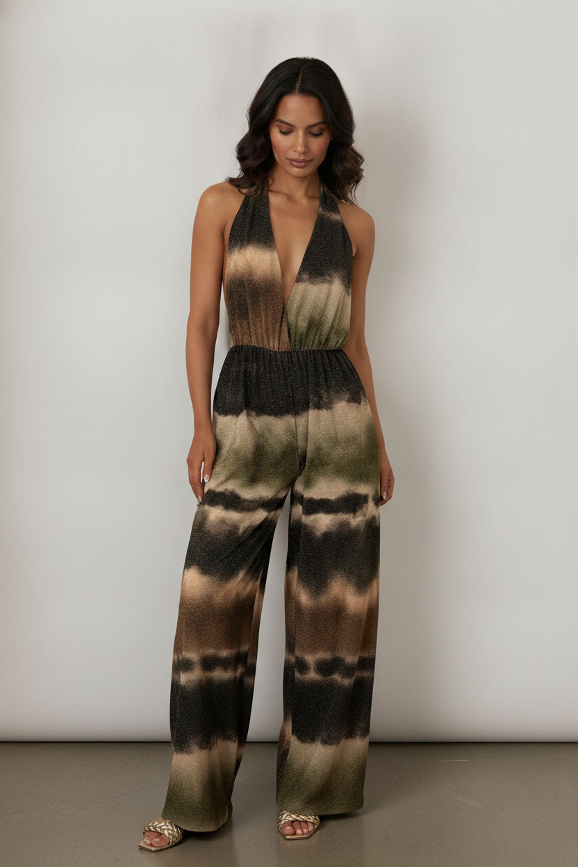 Bella Halter Neck Shimmer Jumpsuit with Open Back - Multicolour
