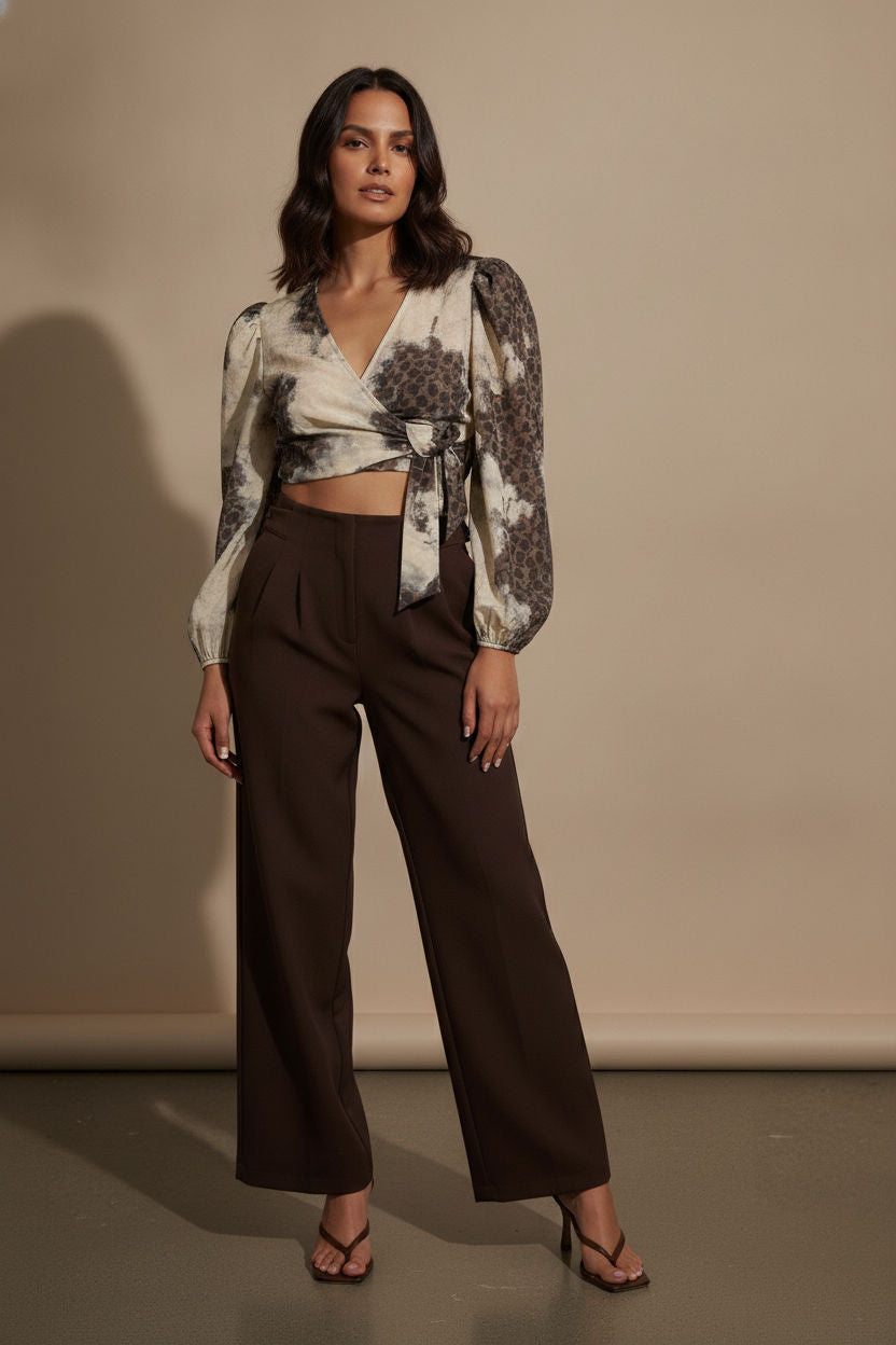 Sofia Printed wrap Blouse - Beige and Brown